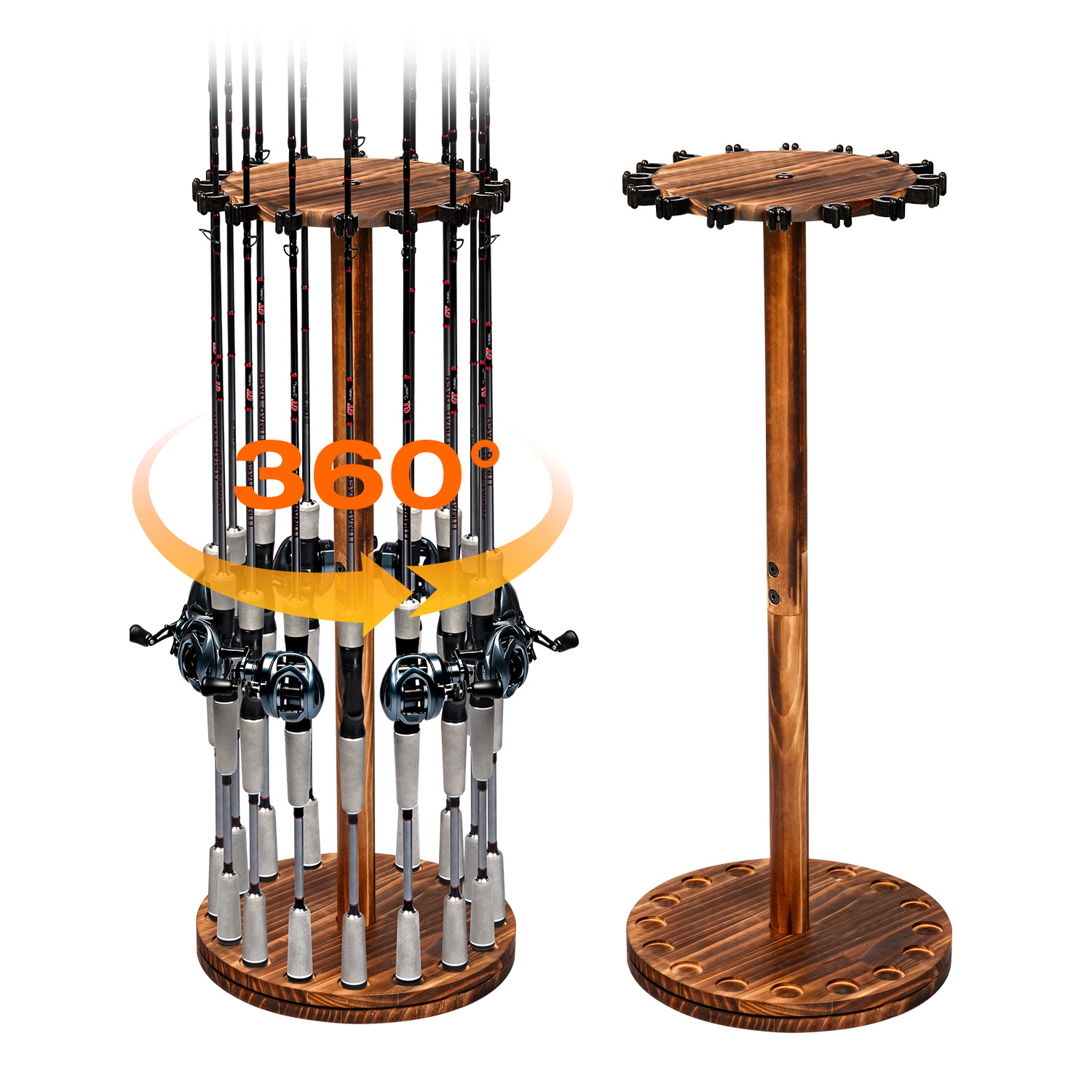Fishing Equipment Holder - Ronde verkoold houten hengelhouder, draaibare displaystandaard,